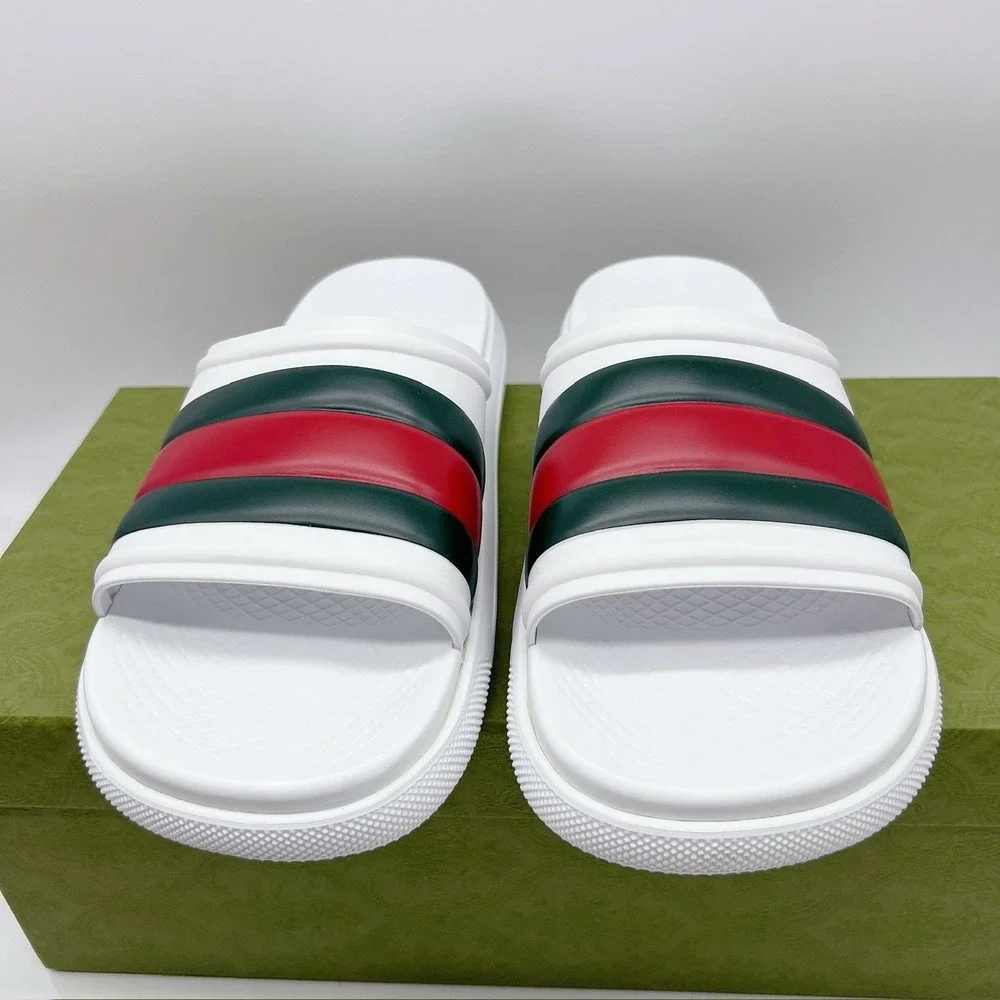 Gucci Men's Web ACE RUBBER Slide Sandals Pool White UK 12 US 12.5 NEW AUTHENTIC